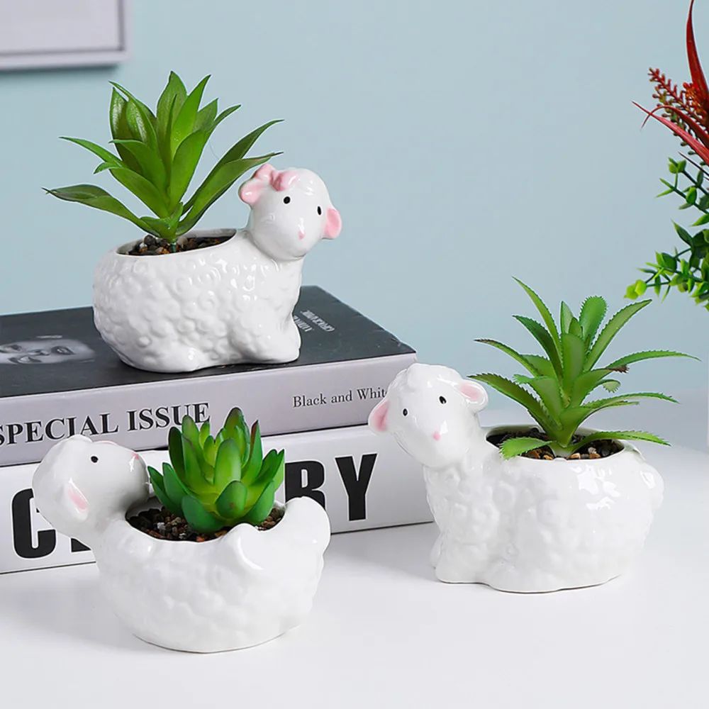 

Ornaments Succulent Plants Potted Container Cartoon Sheep Flowerpot Lamb Ceramic Durable 12.5*8.5*7.5cm Multipurpose Decorations