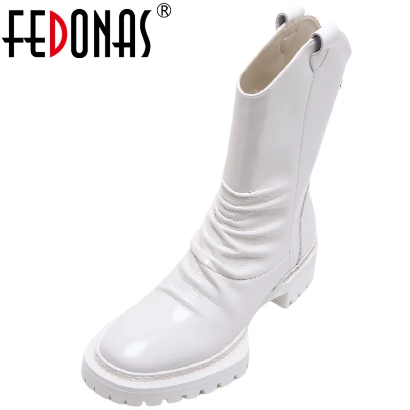 

FEDONAS Popular Cool Women Mid-Calf Boots Fashion Platforms Autumn Winter Thick Heels Genuine Leather Back Zipper Shoes Woman