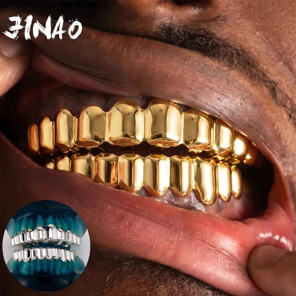 Фото Набор золотых грилз JINAO Hip Hop, большой размер, 10 зубов, гладкая поверхность, для мужчин, верхний и нижний, блестящие, тонкие, в стиле панк-рэп, на Рождество №1