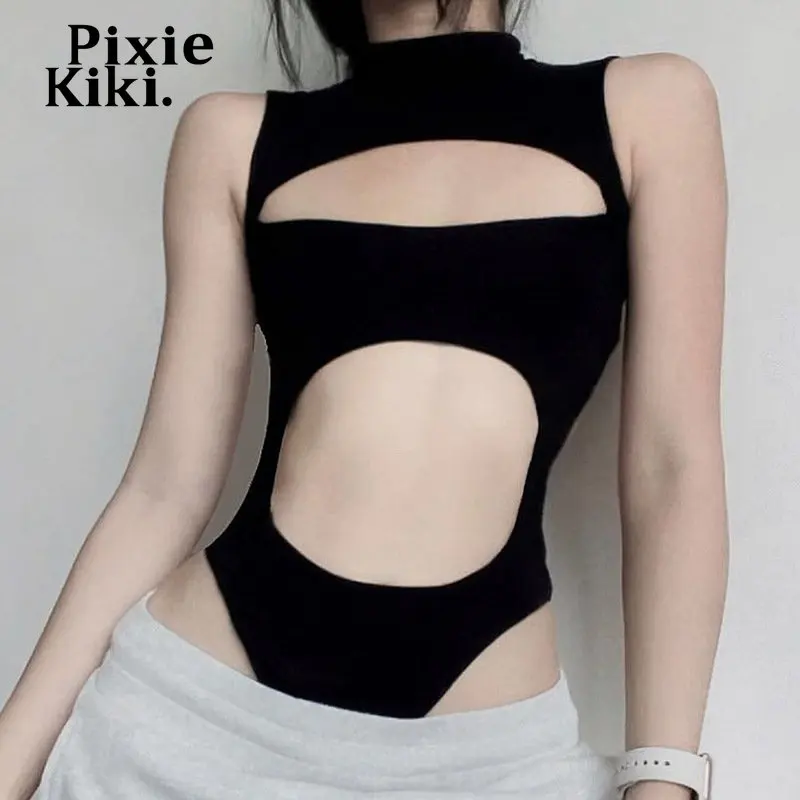 

Пикантные облегающие костюмы PixieKiki с вырезами и открытой спиной, женская одежда для ночного клуба, Techwear, черная модель