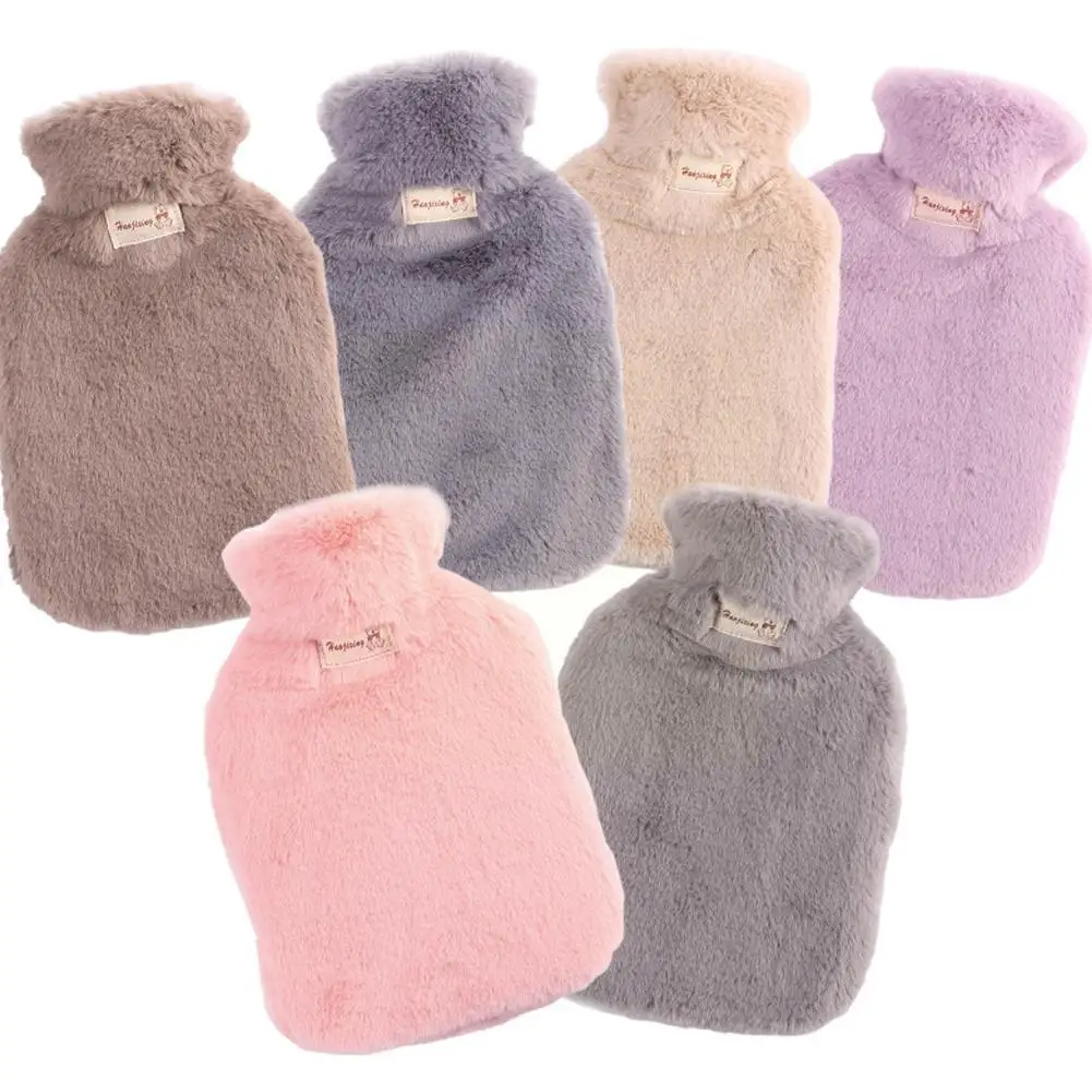 

1/2L Hot Water Bag with Plush Faux Fur Cover Hand Warmer Hot Bed Winter Cosy Cover Warm Rubber Hand Bottles Back Neck Water S7S3