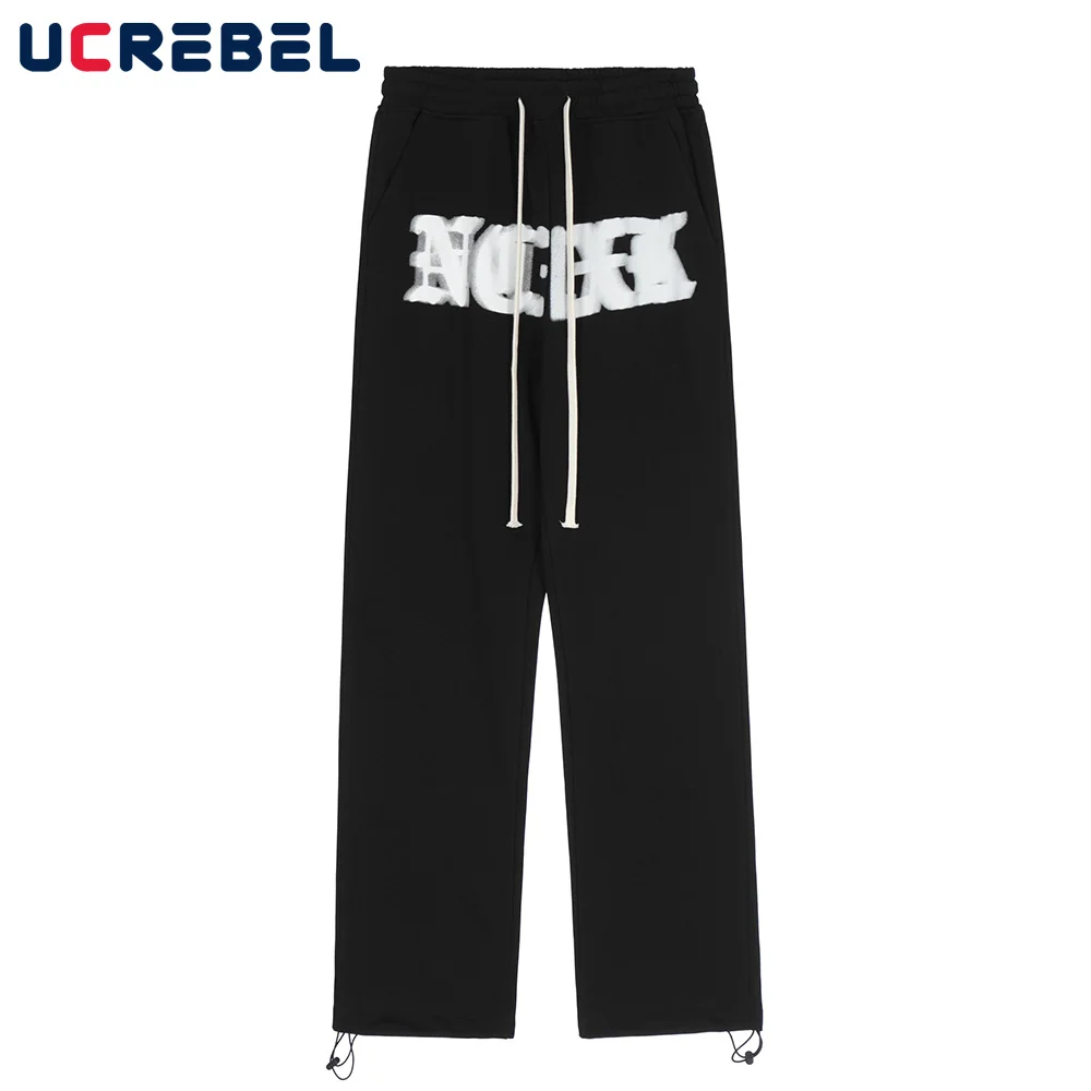 

Letter Print Casual Pants Mens Streetwear Drawstring Elastic Waist Loose Straight-leg Pants High Street Sweatpants Men Trousers