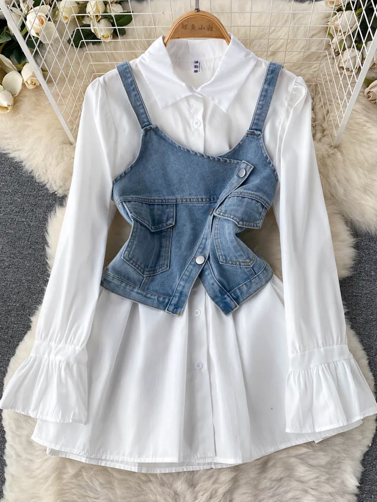 

Женский костюм-двойка с длинным рукавом, элегантный белый ковбойский жилет и платье-рубашка с длинным рукавом, GD782, весна-осень 2022