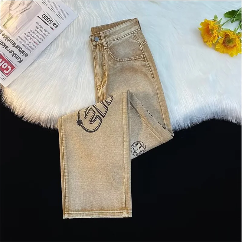 Streetwear Men Letter Graffiti Broad Leg Brown Jeans Autumn and Winter 2022 New Pattern Loose Mopping The Floor Trousers Female