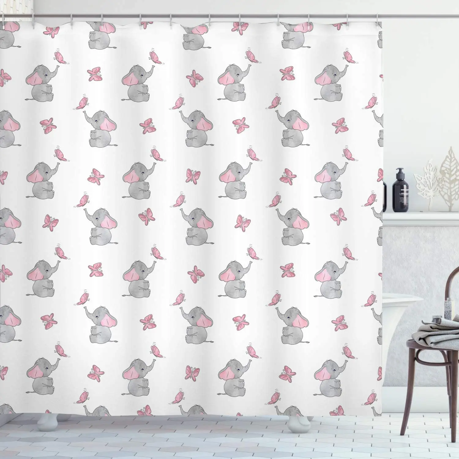 

Elephant Nursery Shower Curtain, Baby Elephants Playing with Butterflies Design Pattern, Cloth Fabric Bathroom Decor S