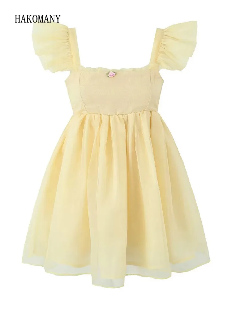 

2023 Sexy Corset Style Small Flower Square Collar Sling Mini Robe Sweet Women Yellow Ruffles Wood ears Strap Tank Organza Dress