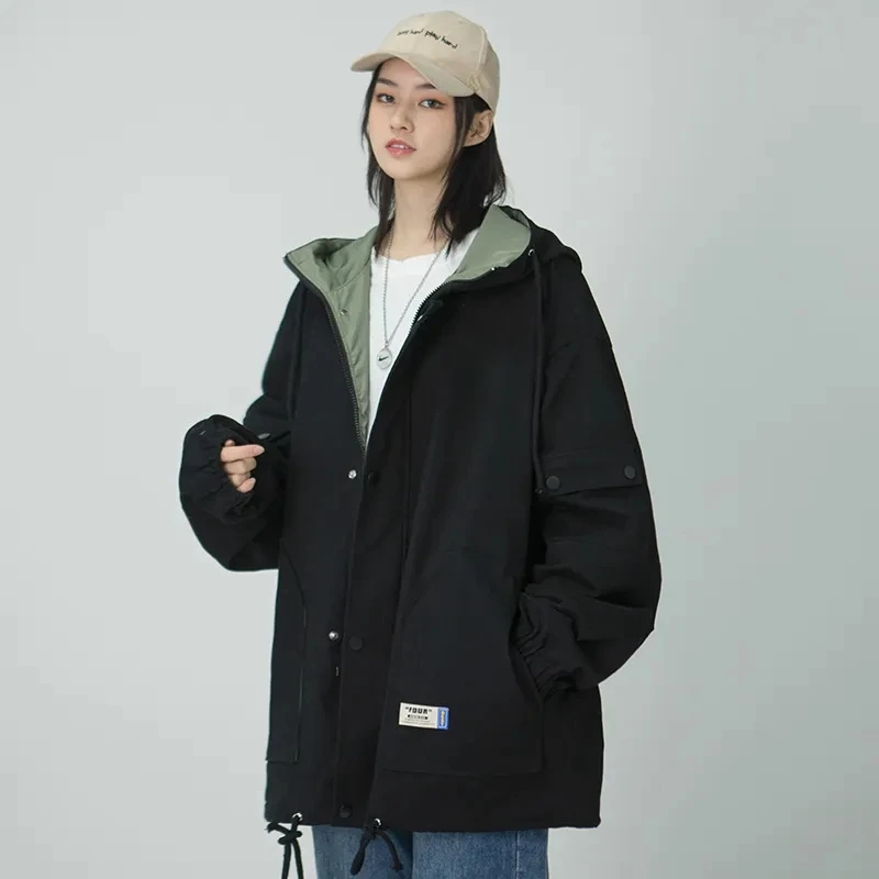 

Spring Autumn New Loose-fitting Hooded Jacket Women's Tooling Outerwear Tide Female Harajuku BF Style Trend Student Trench Coats