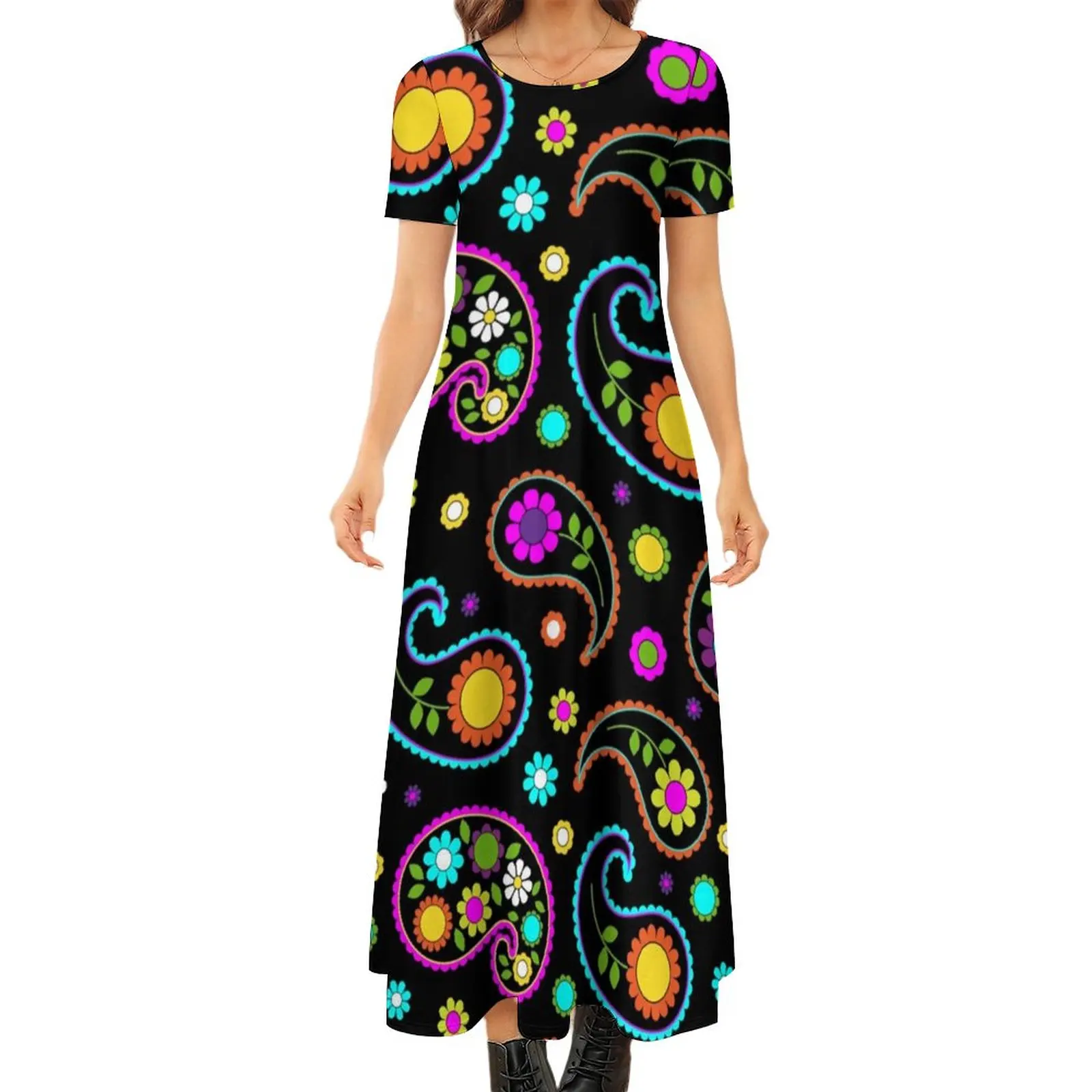 

Retro 60s Dress Hipple Paisley Floral Print Trendy Maxi Dress Women Short Sleeve Street Wear Bohemia Long Dresses Big Size 7XL