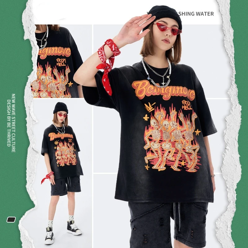 

CHIPS Oversize Washed T-shirt Man Women Streetwear Harajuku Spoofing skeletons Print Graphic Retro Tee Summer Vintage Y2K Female