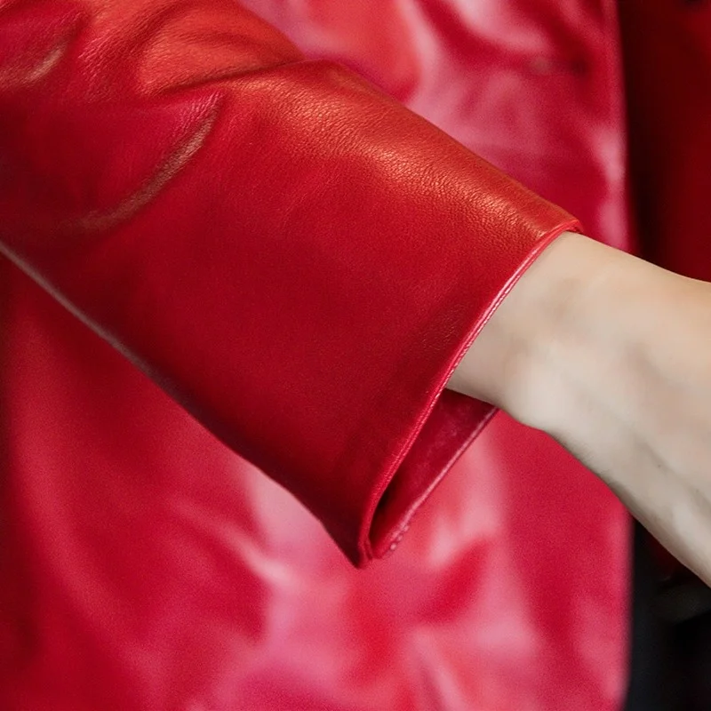 Женский пиджак из натуральной овечьей шкуры красный офисный 100% кожи короткая