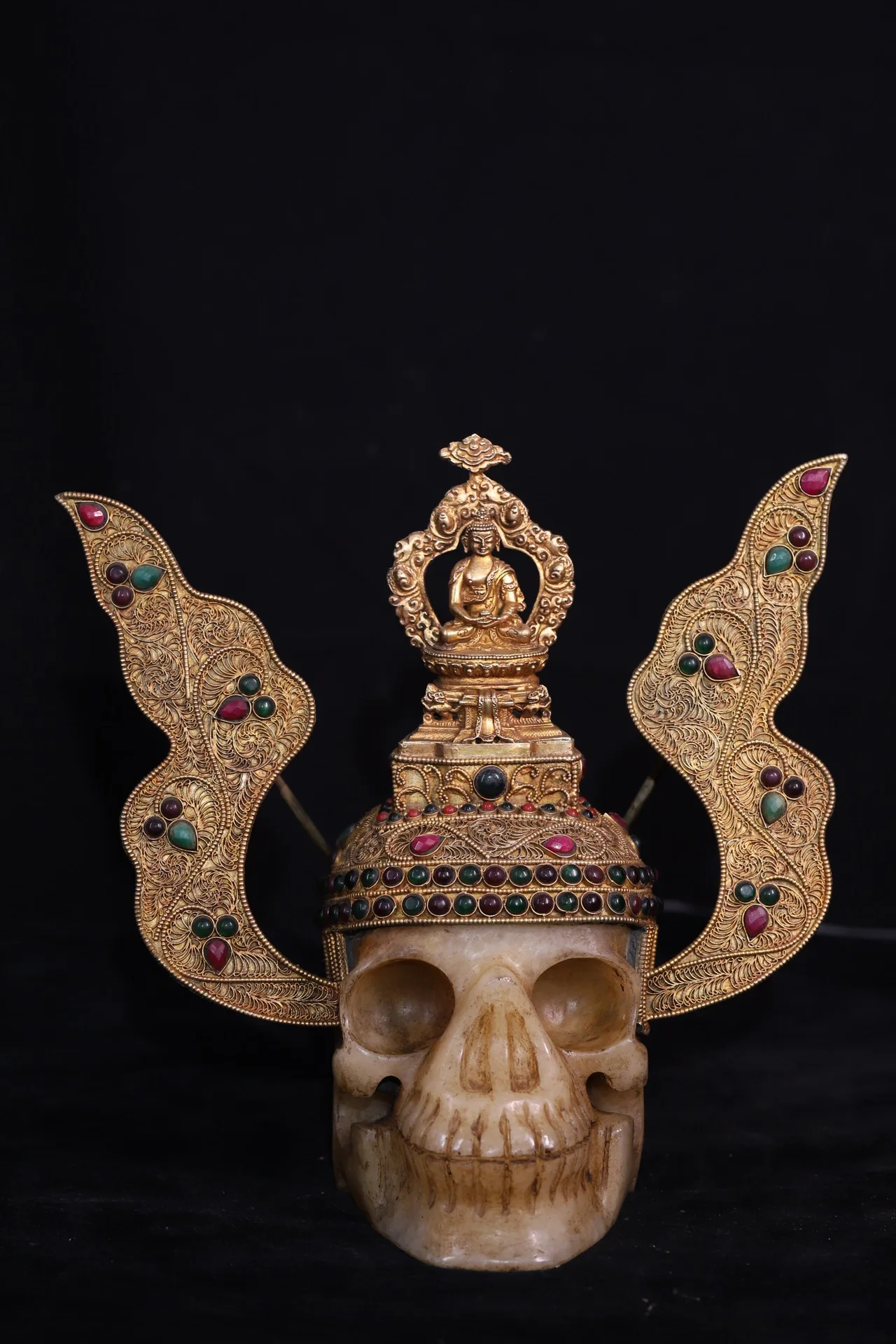 10Tibetan Temple Collection Old Natural Crystal Tibetan silver Gilt mosaic Gem Lord of the corpse Skull Crown Mask Town house