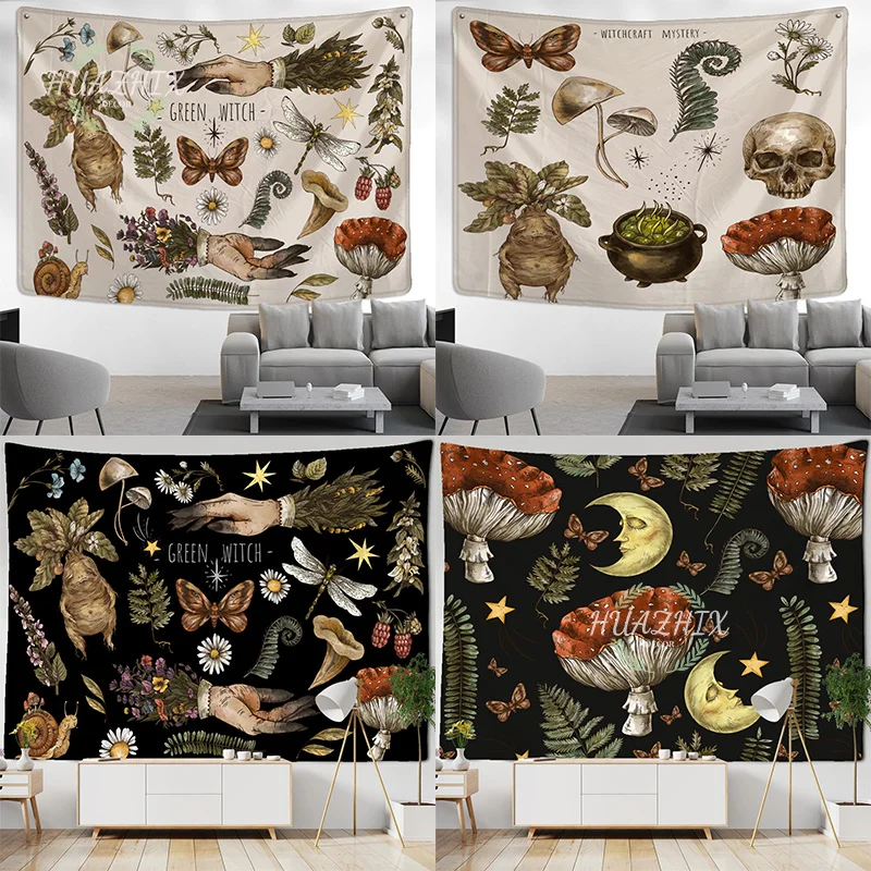 

Vintage Magic Mushroom Tapestry Wall Hanging Witch Hand Mural Botanical Mystery Boho Hippie Home Decor