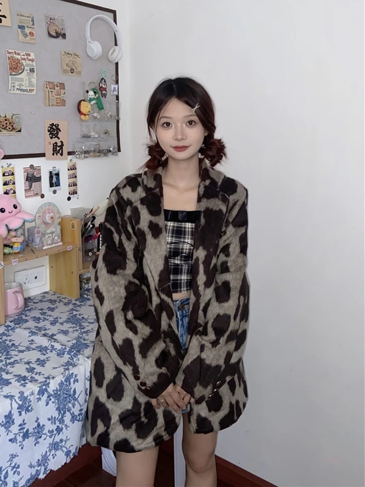 

Hong Kong Style Retro Leopard Print Women's Suit Jacket Woolen Autumn and Winter Niche Thickened Elegant High-end Short Coat Top