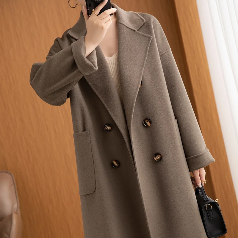 

Осенне-зимнее Новое высококачественное двухстороннее шерстяное пальто из 100% чистой шерсти женский длинный костюм с воротником Модный Унив...