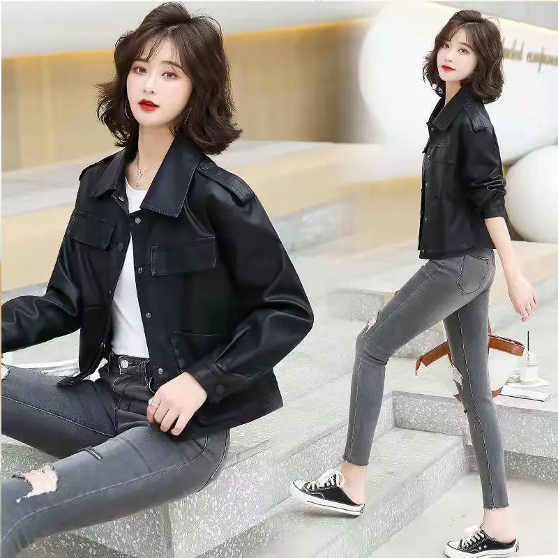 Fashion Spring and Autumn Short Solid Color Leather Jacket Women Korean Casual Temperament Stand-up Collar Short Jacket Women