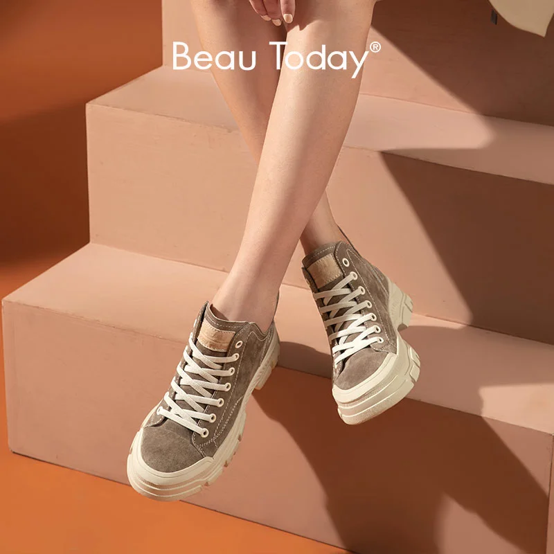 

Beau Today Women Sneakers Suede Leather With Round Toe Lace-Up Platform High Shoes For Ladies Spring Autumn Handmade A29575