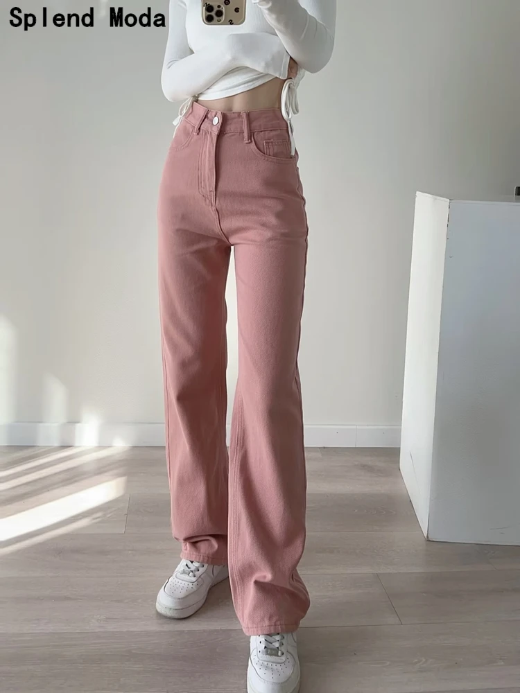 

Splend Moda 2023 Women Spring Fashion Streetwear Style Mid Waist Denim Straight Pants Young Side Pockets Jeans Chic Trousers