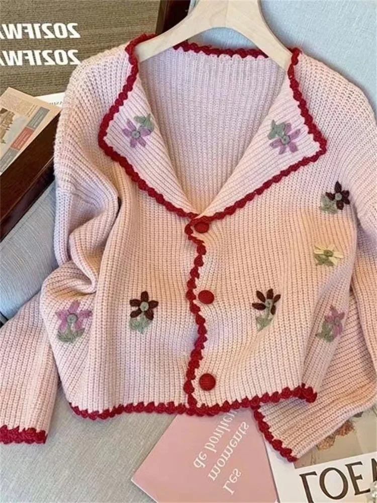 

Hsa Women Spring KNitted Sweaters Turn Down Collar Chic Cardigans Loose Floral Tops Pink Beige Casual Roupas Jumper Feminino