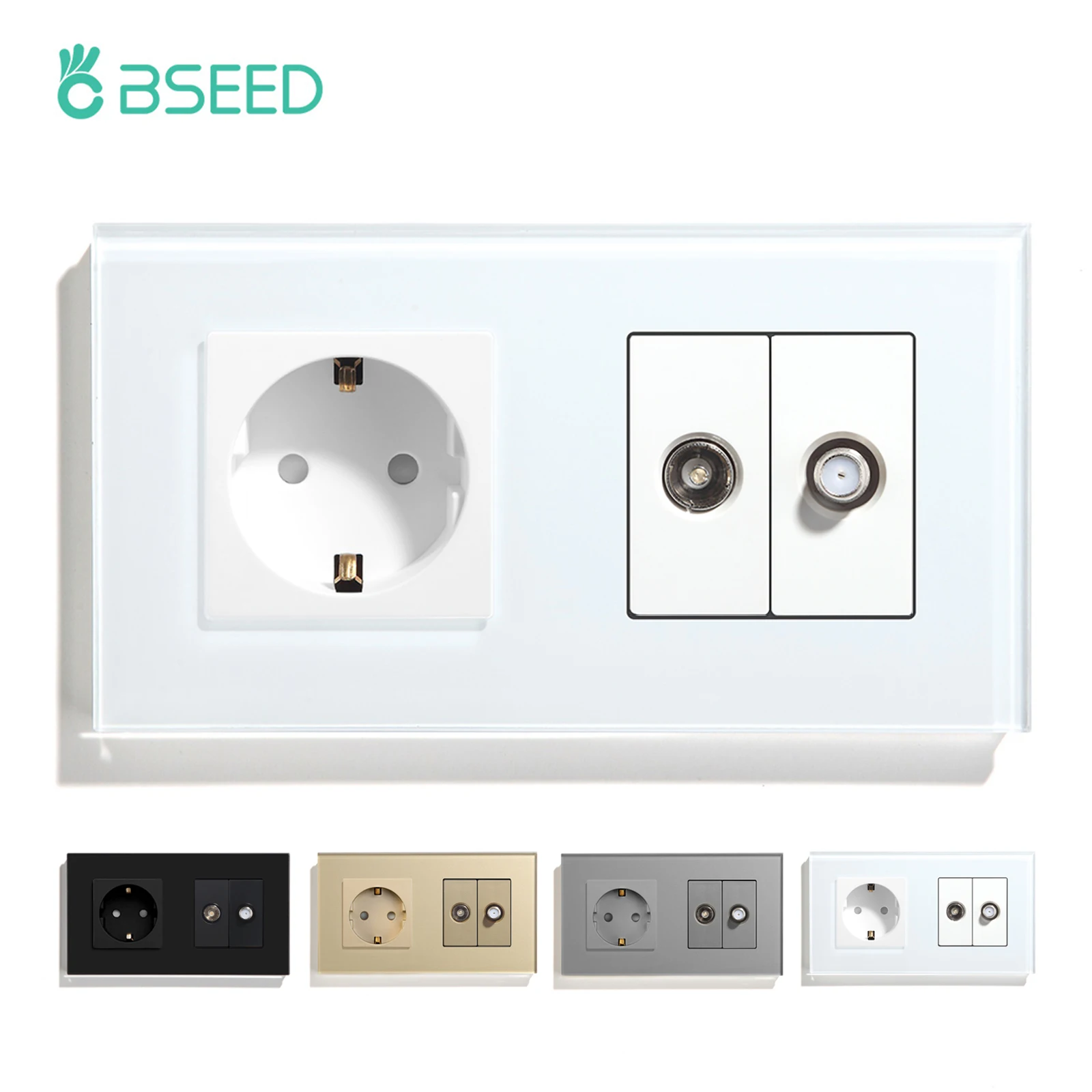 

BSEED EU Standard Wall Socket With TV Satellite Socket Crystal Glass Panel White Black Golden EU Standard 157mm