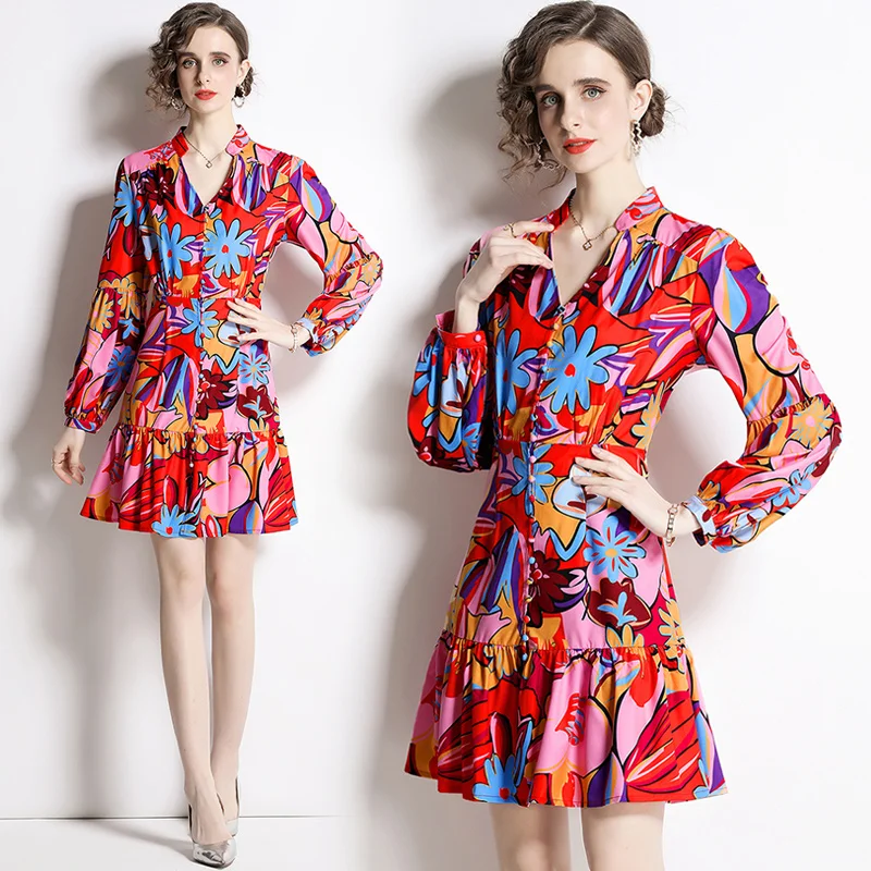 

Design Chic Ins Summer Lantern Sleeve V Neck Floral Print Red Mini Dress 2022 Long Sleeve Elegant Button Streetwear French Dress