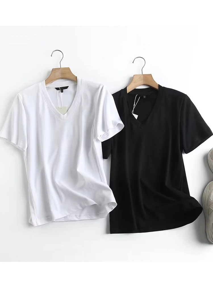 

YENKYE New 2023 Women Solid Cotton Summer T Shirt V Neck Short Sleeve Female Casual Tees Tops