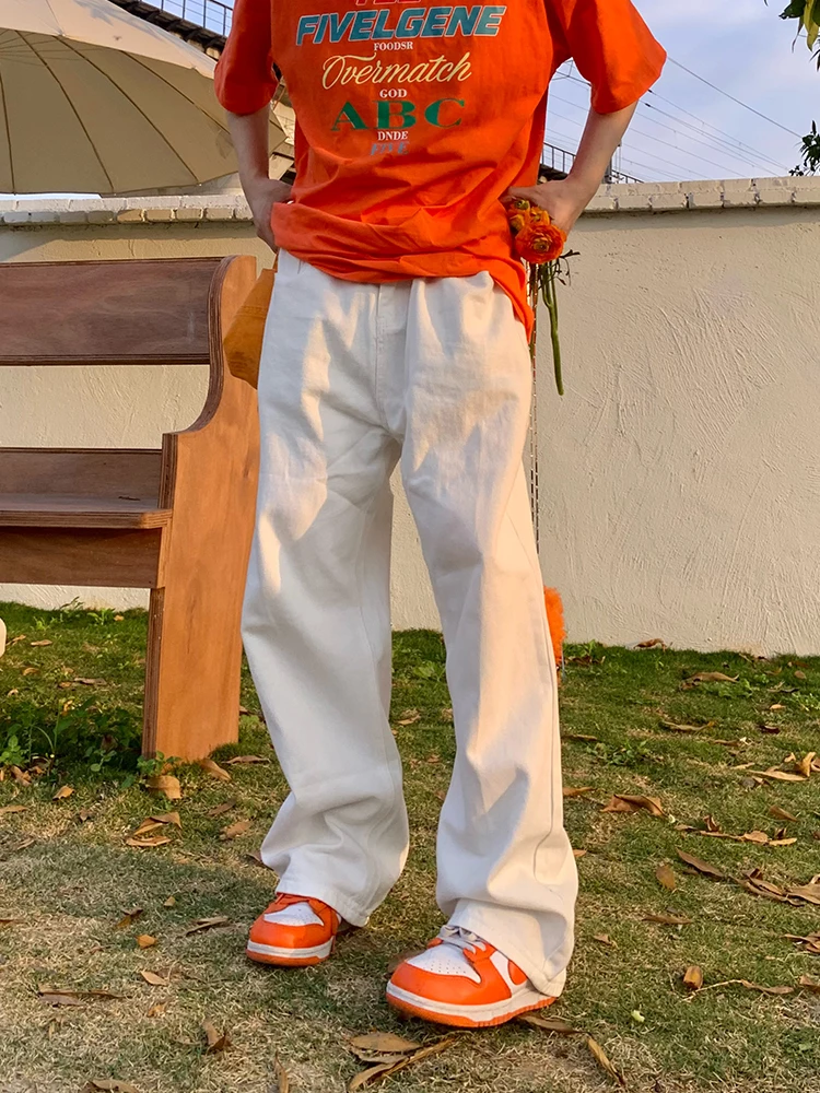 Fashion Men's White Jeans Adjustable Waist Design Men's Pants Loose Jeans Korean Fashion Streetwear Brand Jeans Jeans Aestethic