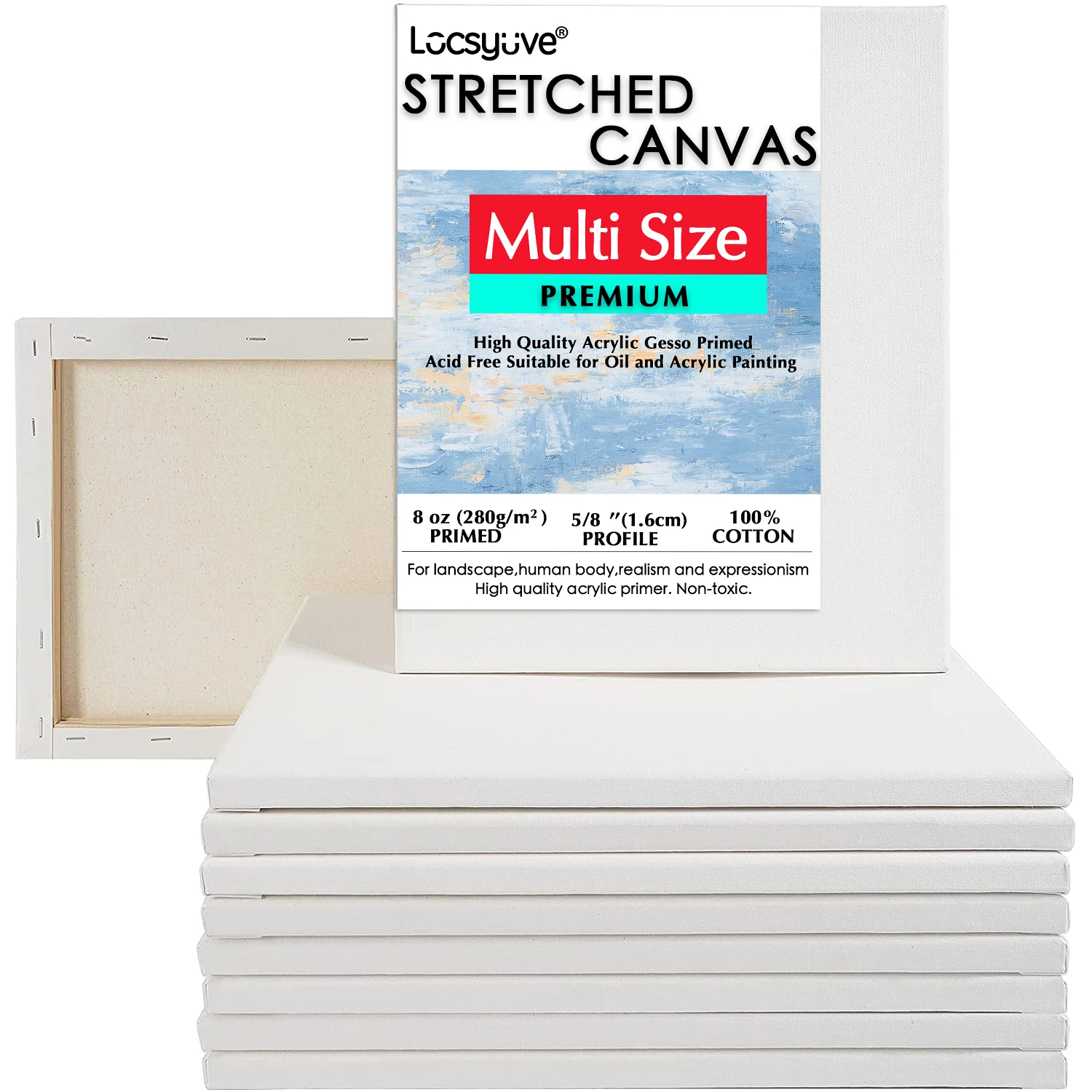 

8x10 inch Stretched Canvas for Painting, Pack of 6, 100% Cotton, 5/8 Inch Profile Value Bulk Pack for Acrylics, Oils Painting