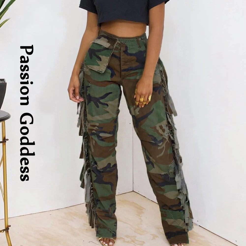 

Cool Women Camouflage Tassel Cargo Pants Multi-Pockets Ragged Camo Trousers Loose Military Pantalon Y2k Lady Hiphop Baggy Pants