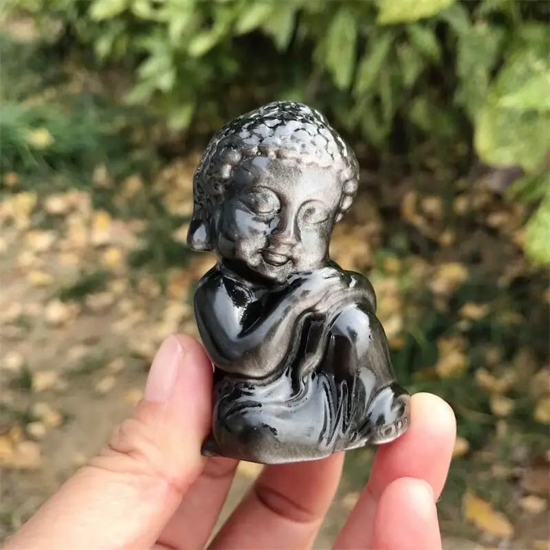 Натуральный Серебряный Обсидиан Спящий Будда Резьба Кристалл Исцеление Фэншуй