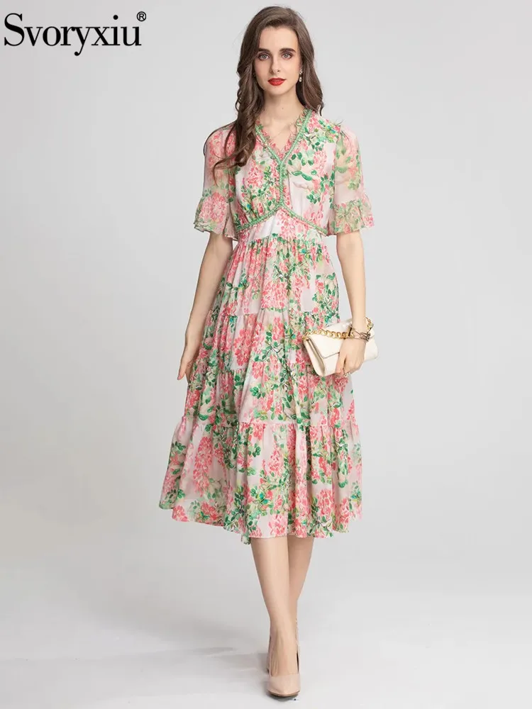 

Svoryxiu Designer Runway Summer Elegant Midi Dress Women's Flare Sleeve Beading Floral Print High Waist Gorgeous Vacation Dress
