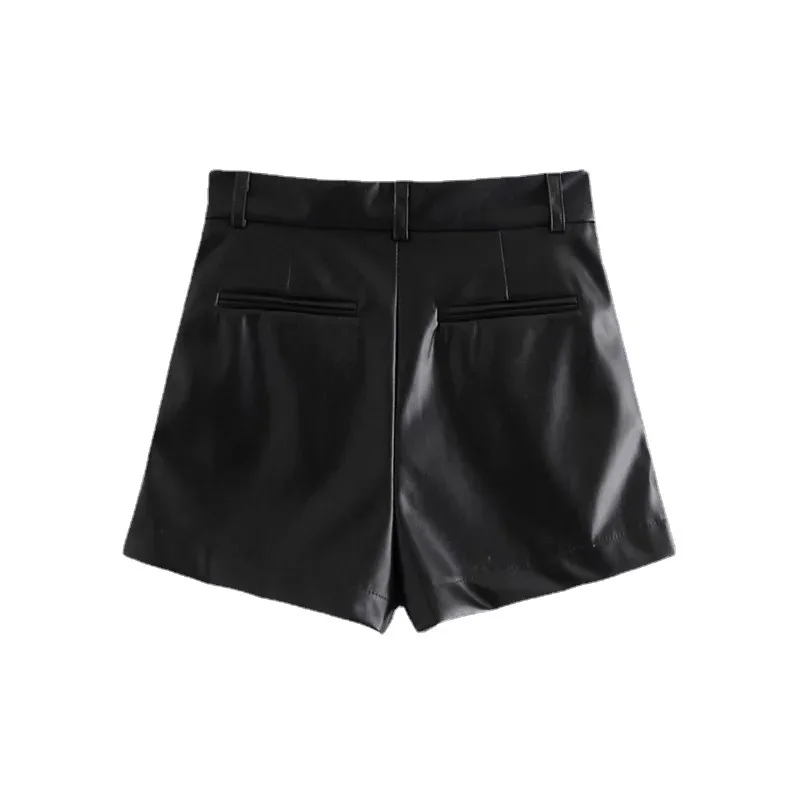 2023 Women's Shorts Vintage PU Leather Shorts High Waist Undefined Drapped Trousers Female Office Wear Shorts