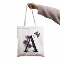 bag flower of 26 letter kawaii print canvas cool shopper bag shopper black white women fashion shopper shoulder bags tote bag