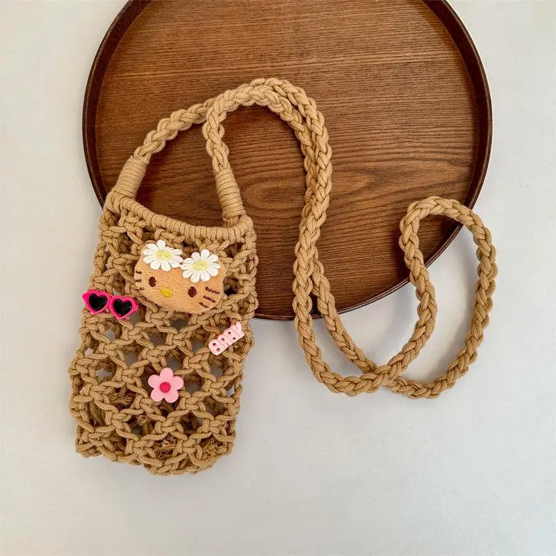 Sanrio Гавайская черная кожа Hello Kitty ручная работа плетеная Сумка для телефона