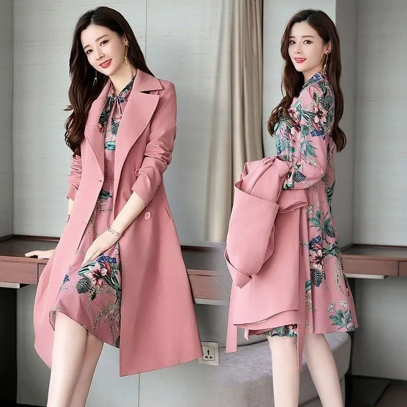 

Women Sets 2022 Spring Autumn Two Piece Set Dresses + Trench Coat Casual Loose Elegant Long Sleeve Printed Dress Suit J272