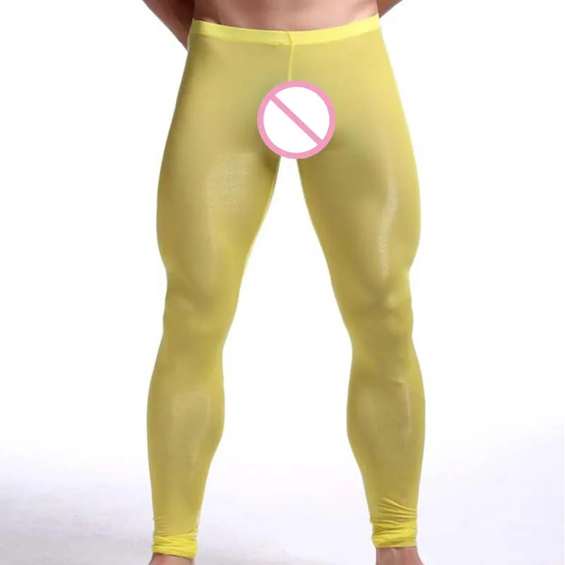 New Men's Sexy Nylon Transparent Long Johns Homme Lce Silk Sheer Leggings Bottoms Gay Spandex Lounge Tights Underwear Homewear