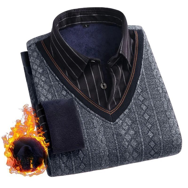 Мужской свитер, осенняя флисовая Термоодежда с отложным воротником, Вязаные Рубашки, приталенные пуловеры с полосками, мужские топы, 2023, B87