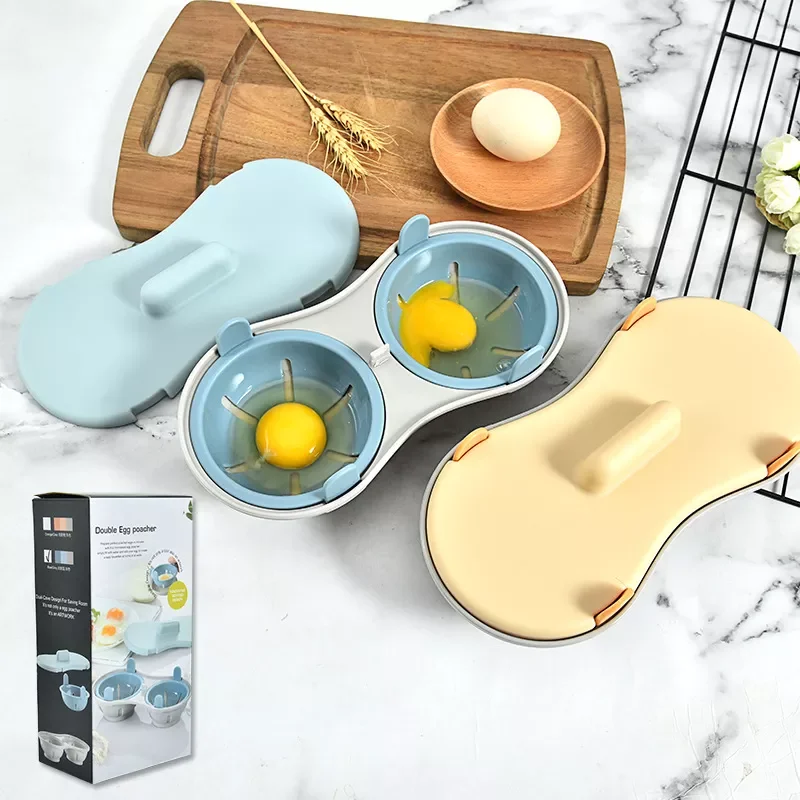 

2022New MINI Double Egg Poacher Maker Cooker Creative Tableware Microwave Oven Double Layer Steam Egg Bowl with Lid Kitchen Gadg