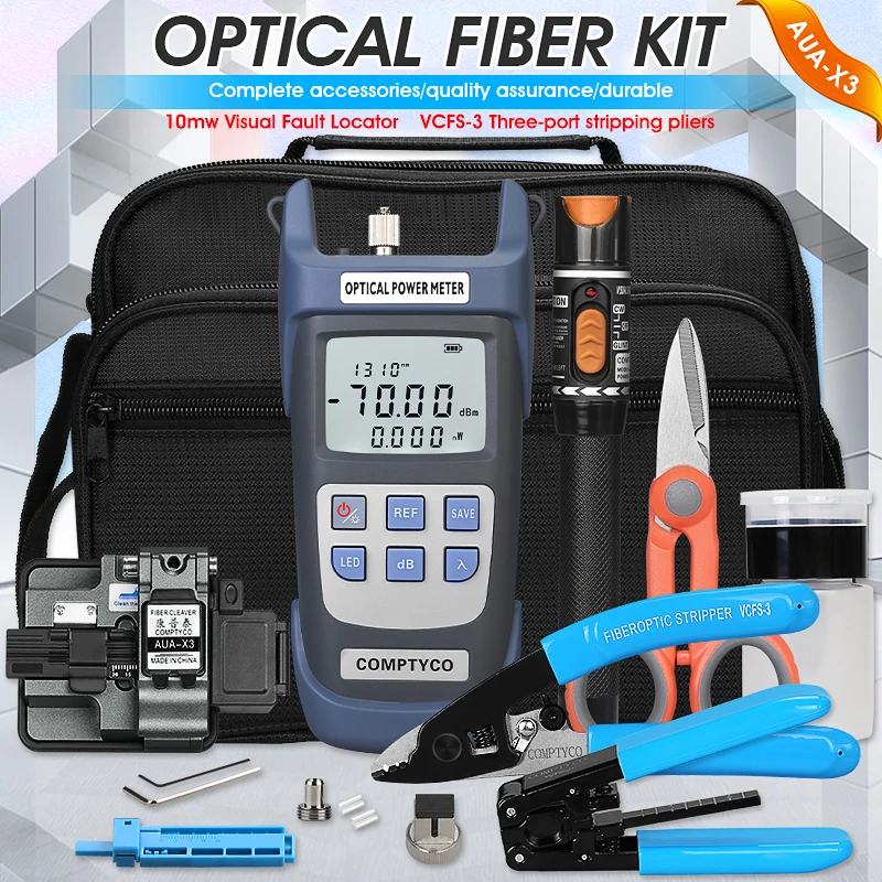 FTTH Fiber Optic Cold Splicing Kit Set Three-port Nomiller Pliers AUA-X3 Cutting Knife Red Light Pen Optical Power Meter