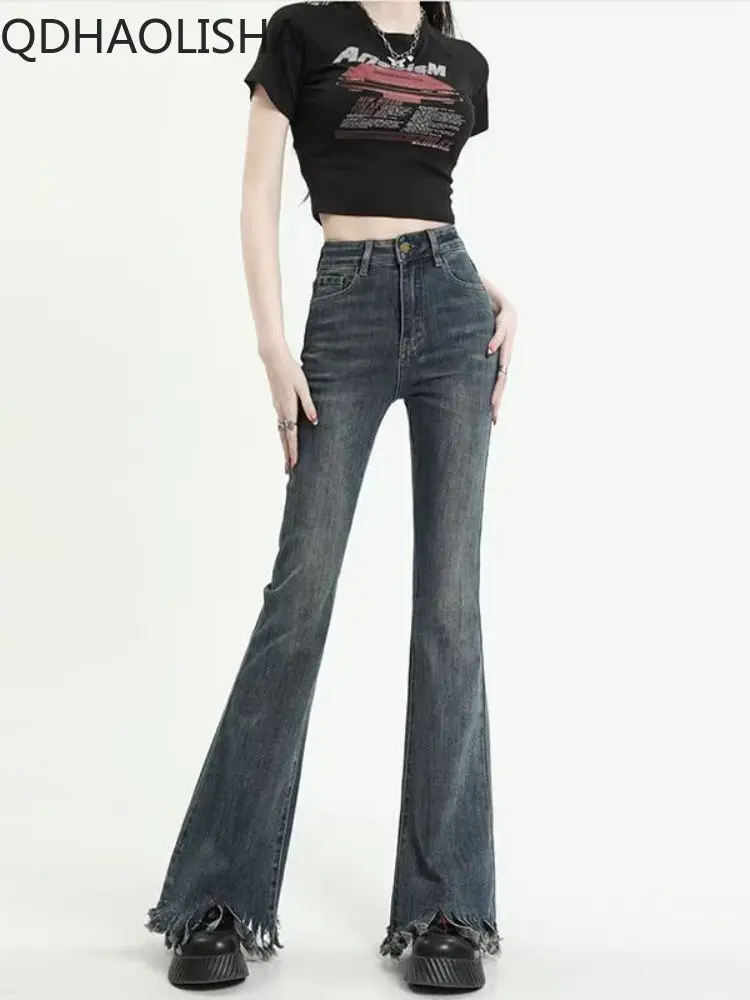 

Новинка 2023 женские джинсы с напольной бахромой брюки в форме подковы дизайнерские чувственные корейские узкие Ретро расклешенные женские брюки с высокой талией