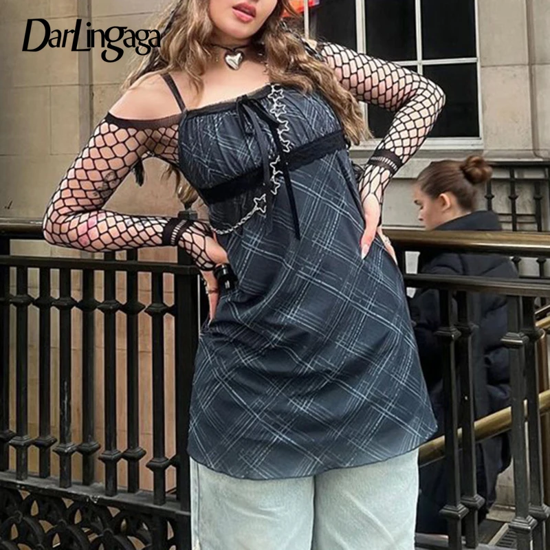 

Darlingaga Spaghetti Strap Vintage Plaid Dress Spring Summer Outfits Fashion Chic Tie Up Mesh Dress Women Lace Spliced Sundress