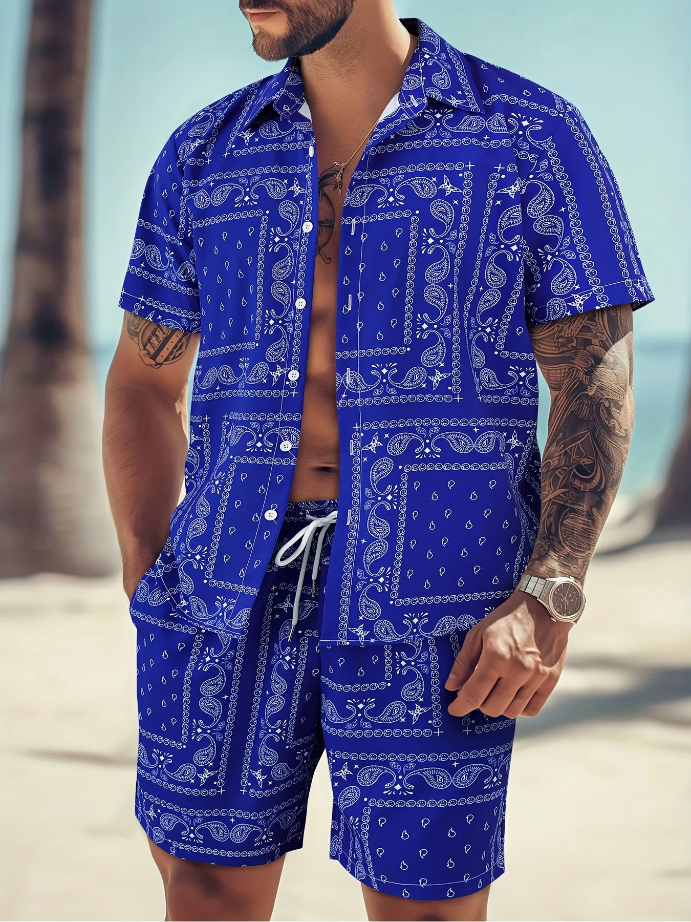 Фото 2pcs Fashion Men's Paisley Print Shorts Shirt Set Drawstring Waist Summer Beachwear White with Black Floral Prints Asian Size №4