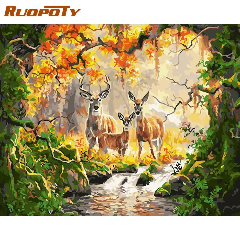 

RUOPOTY DIY Pictures By Number Deer Kits Painting By Numbers Forest Drawing On Canvas Hand Painted Paintings Gift Home Decor
