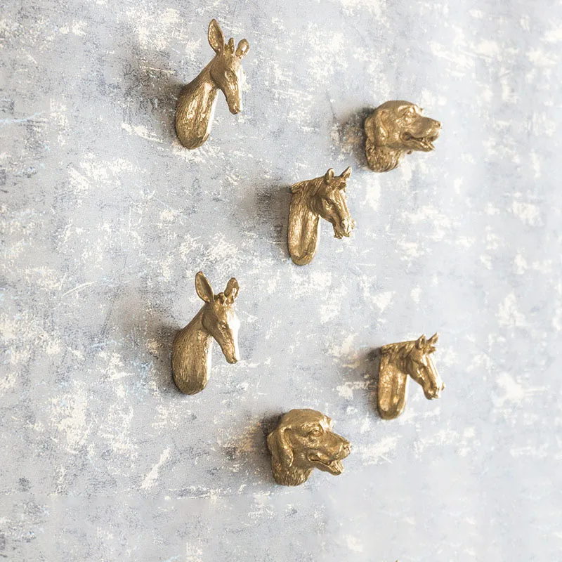 

Nordic Style Handles Horse Head Deer Dog Creative Solid Brass Knob Vintage Cabinet Handle Drawer Pull Light Brushed Gold Color