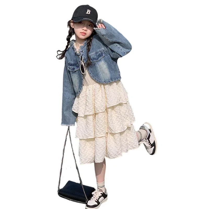 Джинсовая куртка с необработанными краями для девочек комплект из двух