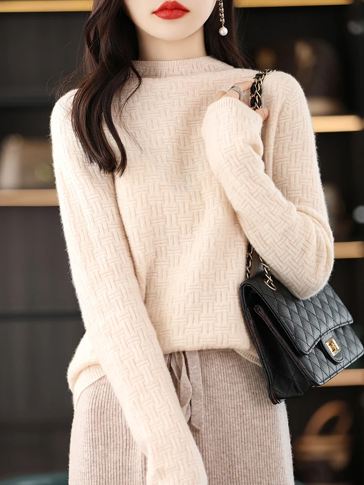 Новинка 100% Осень-зима 2024 вязаный свитер из чистой шерсти с воротником средней