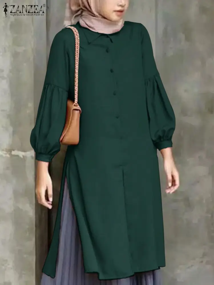 

Autumn Long Shirts ZANZEA Fashion Muslim Blouse Turkey Abaya Women's Tops IsIam Kaftan Vintage Solid Long Sleeve Split Blusas