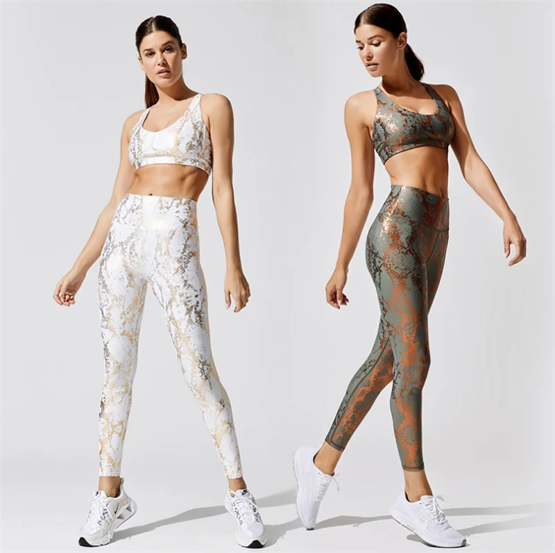 

Комплект из 2 предметов, Высокоэластичный комплект для йоги со змеиным рисунком, амортизирующий легкий дышащий бюстгальтер с перекрестным ...