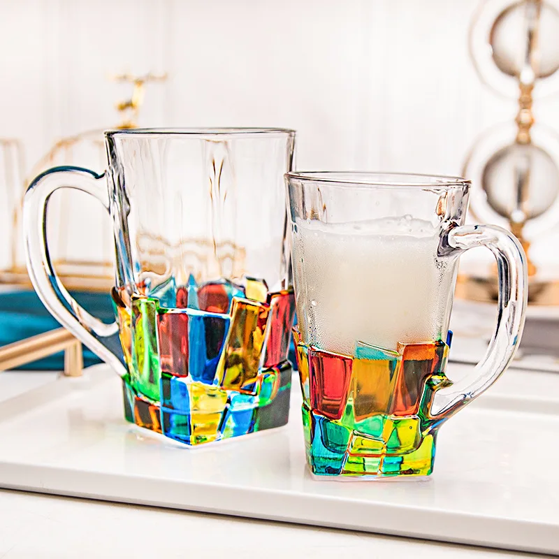 

Painted Contrasting Color Beer Mug Household Tea Mug Bar Glass Drink Cup Large Capacity With Handle Mug Kitchen Drinking Utensil