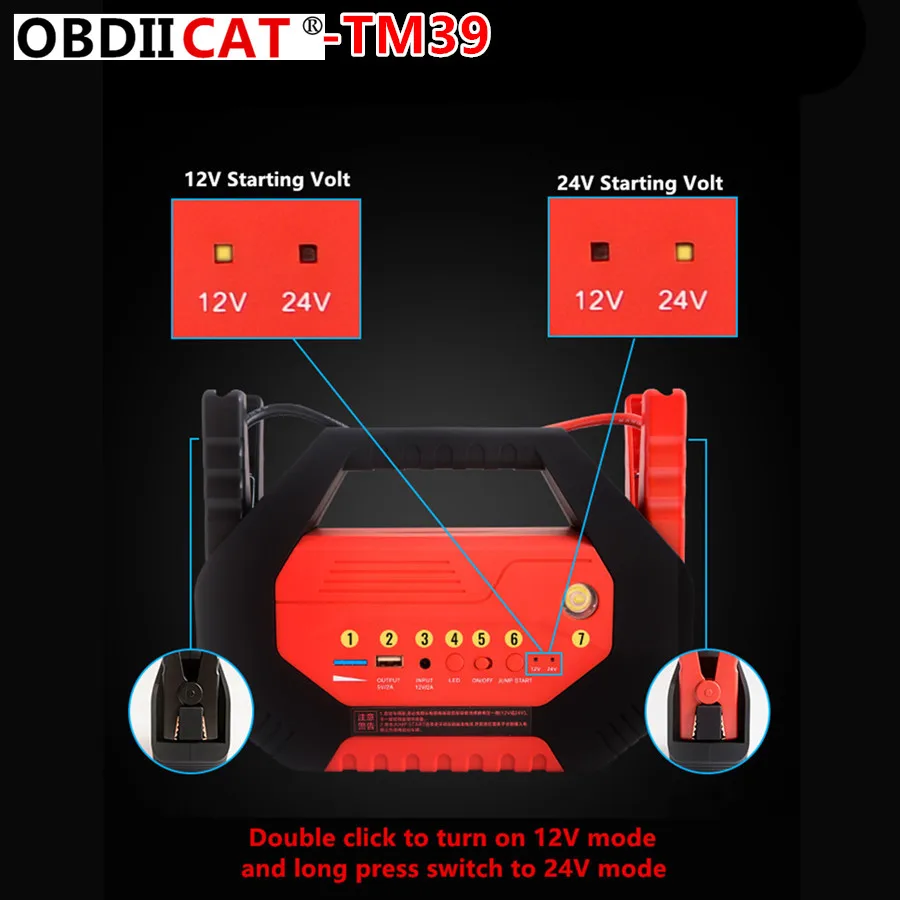 OBDIICAT-TM39 автомобильный стартер Power Bank аварийный аккумулятор 1000А 12В 24В Авто