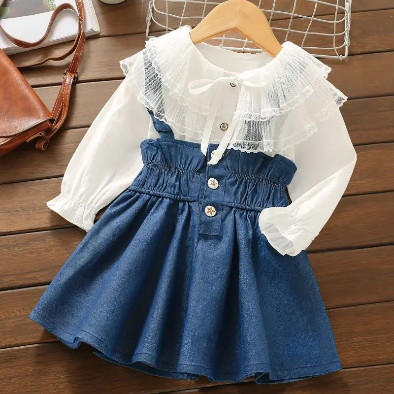 

2Pcs/Set Girls Dress Set Spring Autumn Fashion Denim Suspender Skirt Long Sleeve White Shirts Outfits 3 4 5 6 7 8Yrs Girls Set